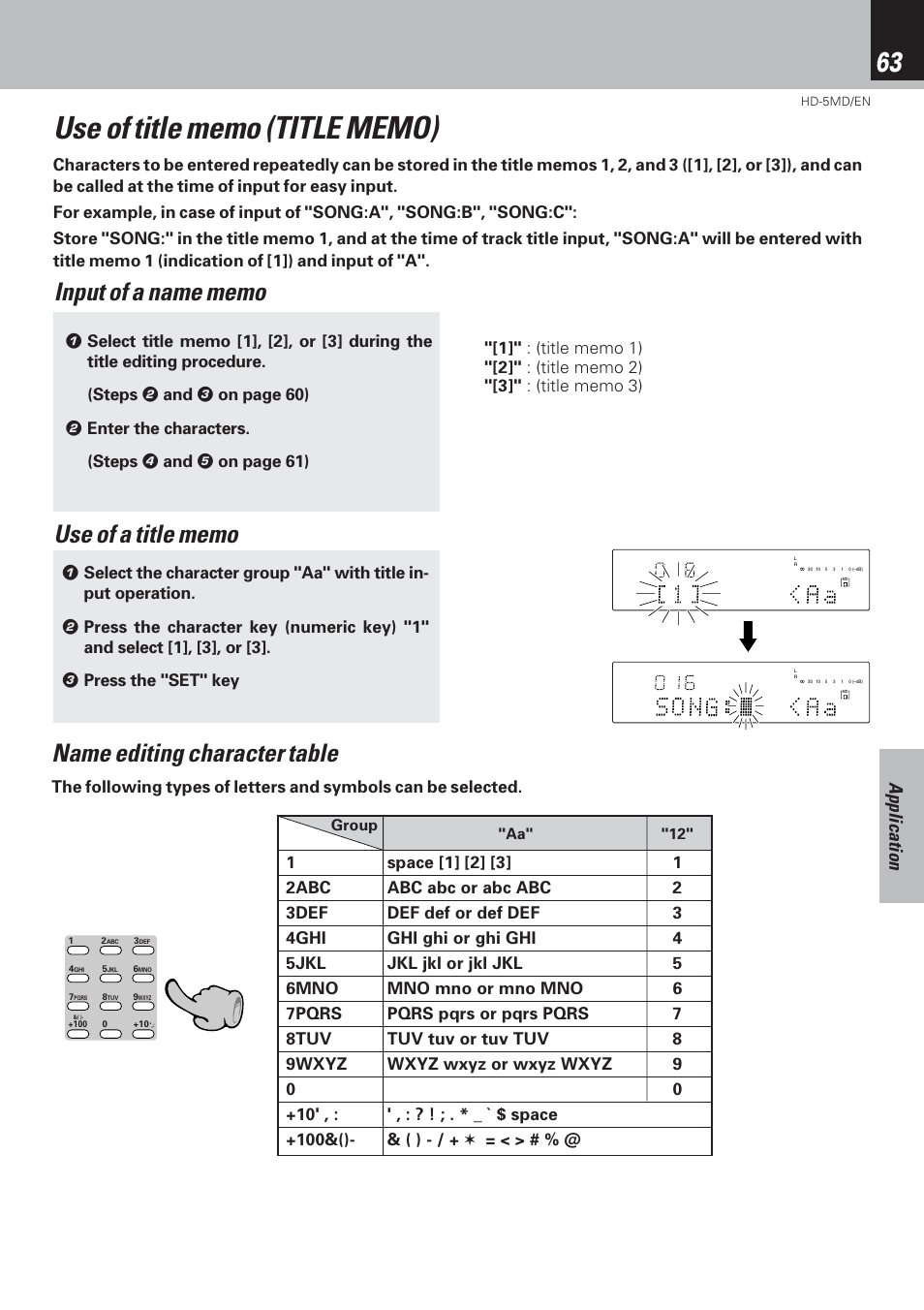 Name editing character table, Application | Kenwood MICRO HI-FI COMPONENT SYSTEM HD-5MD User Manual | Page 63 / 80