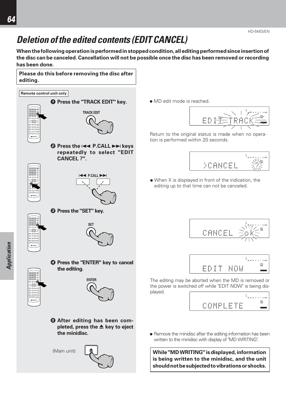 Deletion of the edited contents (edit cancel), Application | Kenwood MICRO HI-FI COMPONENT SYSTEM HD-5MD User Manual | Page 64 / 80