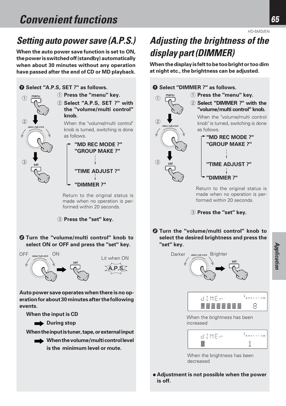 Convenient functions, Setting auto power save (a.p.s.), Application | A.p.s | Kenwood MICRO HI-FI COMPONENT SYSTEM HD-5MD User Manual | Page 65 / 80