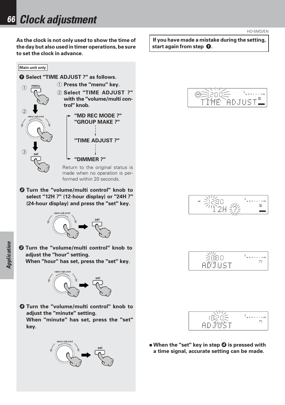 Clock adjustment, Application | Kenwood MICRO HI-FI COMPONENT SYSTEM HD-5MD User Manual | Page 66 / 80