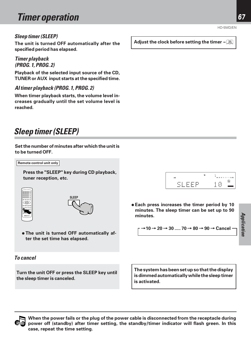 Timer operation, Sleep timer (sleep), Timer playback (prog. 1, prog. 2) | Ai timer playback (prog. 1, prog. 2), Application | Kenwood MICRO HI-FI COMPONENT SYSTEM HD-5MD User Manual | Page 67 / 80