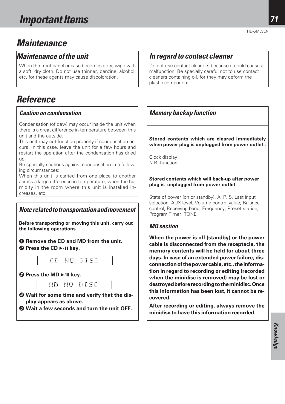 Knowledge sections, Important items, Maintenance reference | Maintenance of the unit | Kenwood MICRO HI-FI COMPONENT SYSTEM HD-5MD User Manual | Page 71 / 80