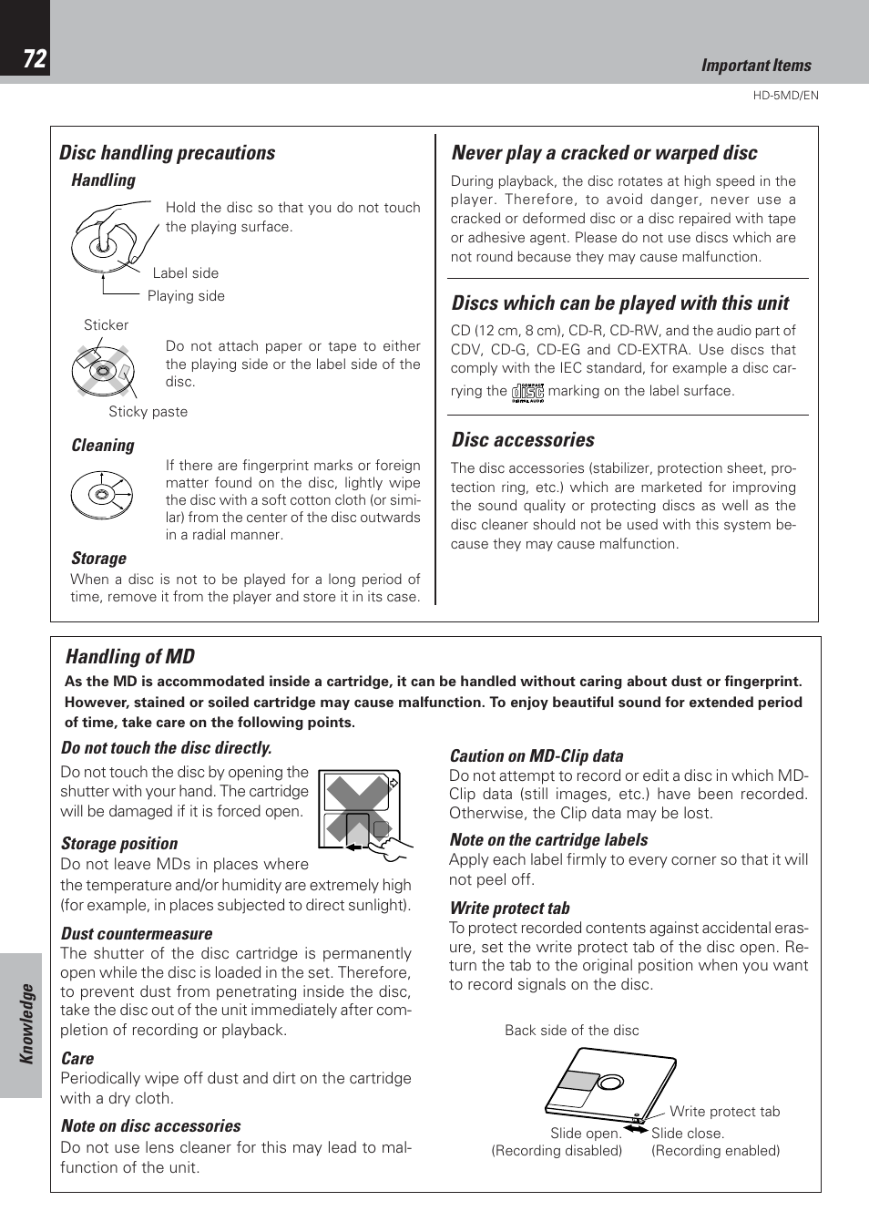 Disc handling precautions, Discs which can be played with this unit, Never play a cracked or warped disc | Disc accessories, Handling of md | Kenwood MICRO HI-FI COMPONENT SYSTEM HD-5MD User Manual | Page 72 / 80