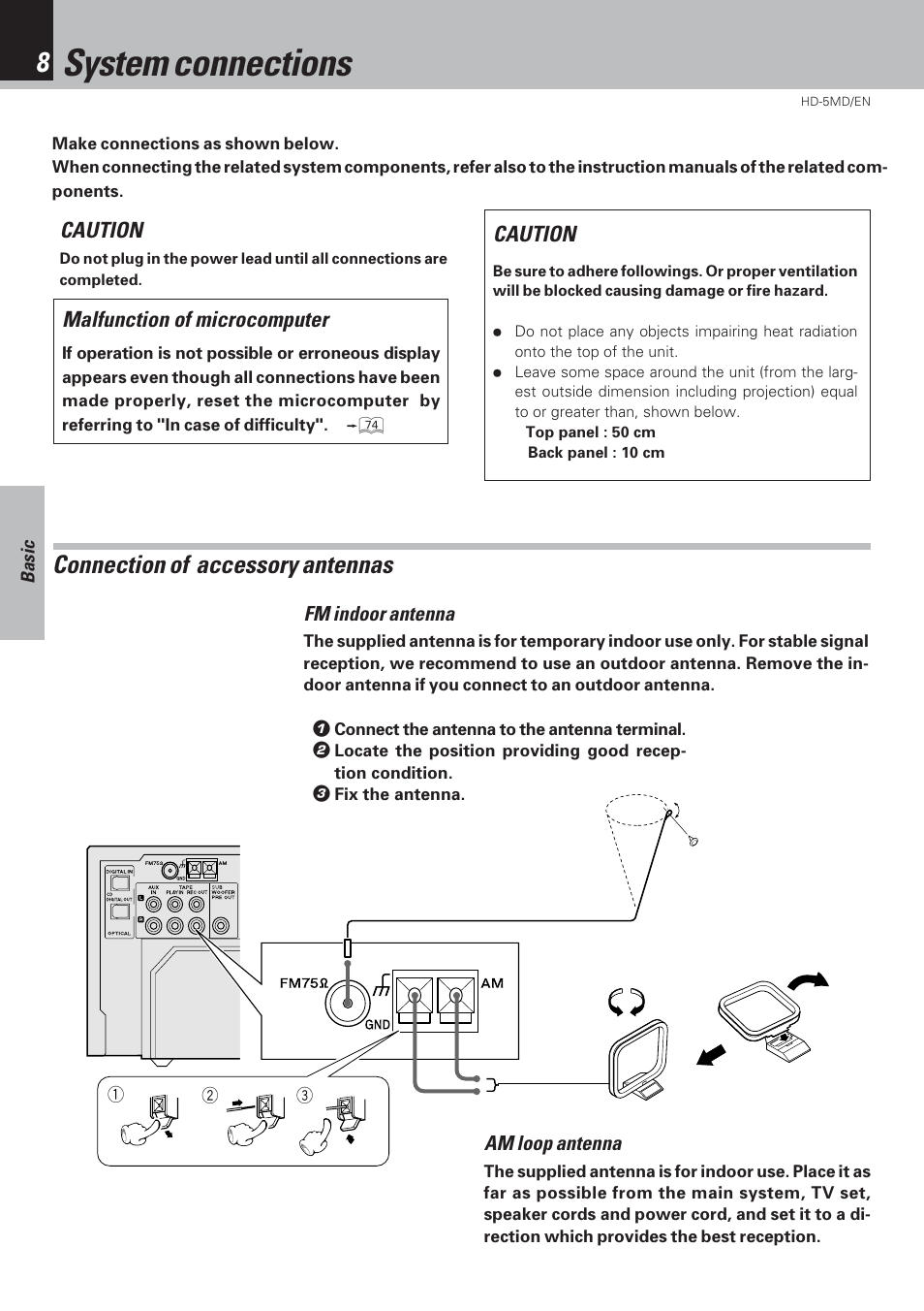 System connections, Connection of accessory antennas | Kenwood MICRO HI-FI COMPONENT SYSTEM HD-5MD User Manual | Page 8 / 80