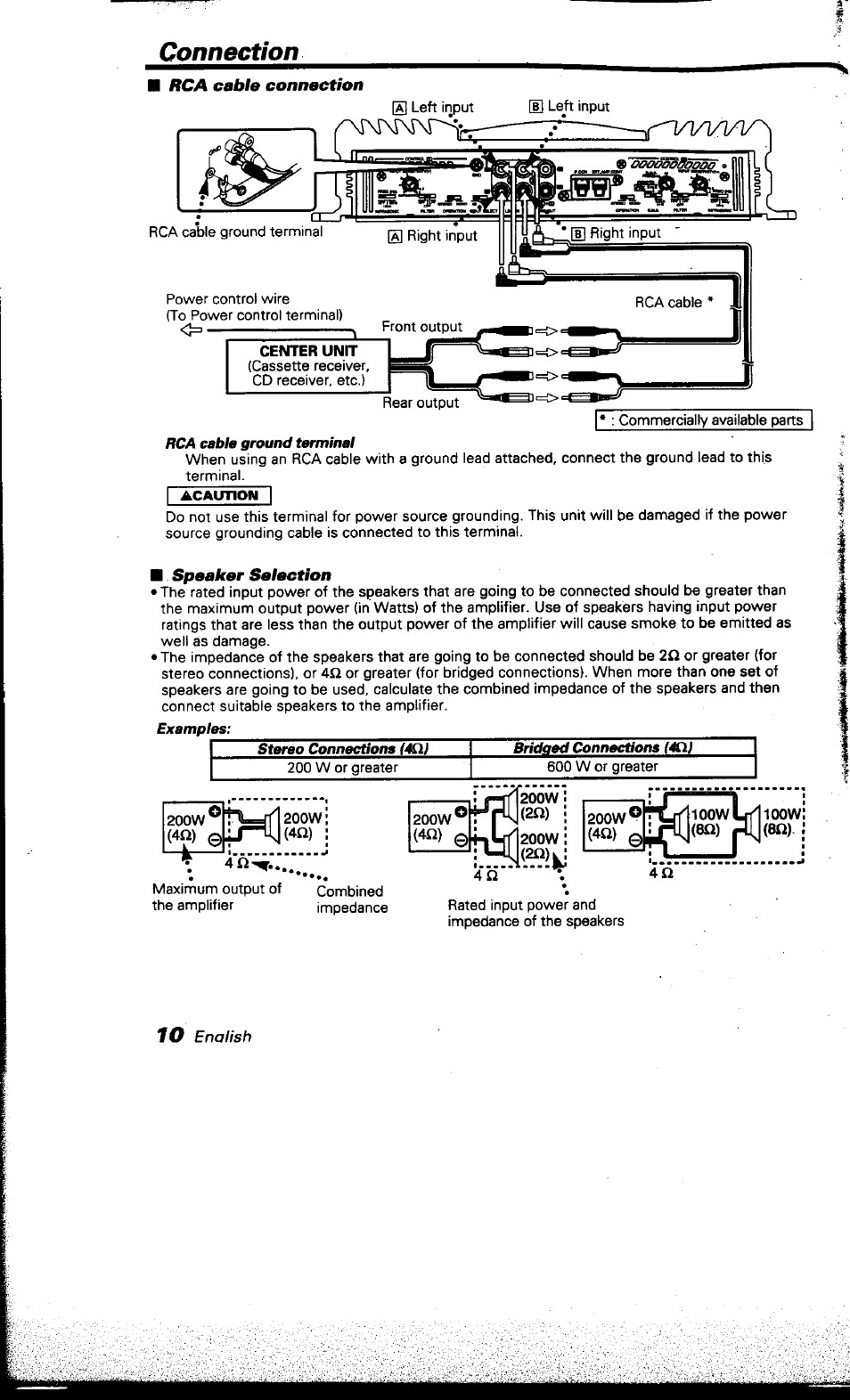 Rca cable connection, Speaker selection, Connection | Kenwood KAC-X501F User Manual | Page 10 / 15