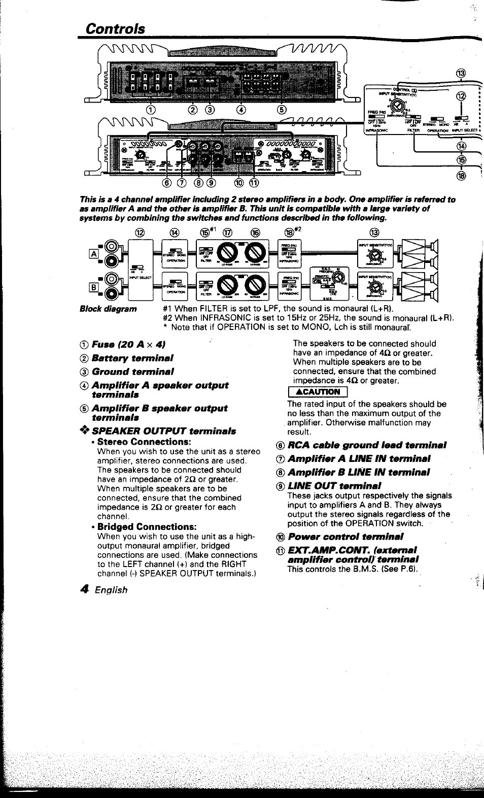 Stereo connections, Bridged connections, Controls | D)(d | Kenwood KAC-X501F User Manual | Page 4 / 15