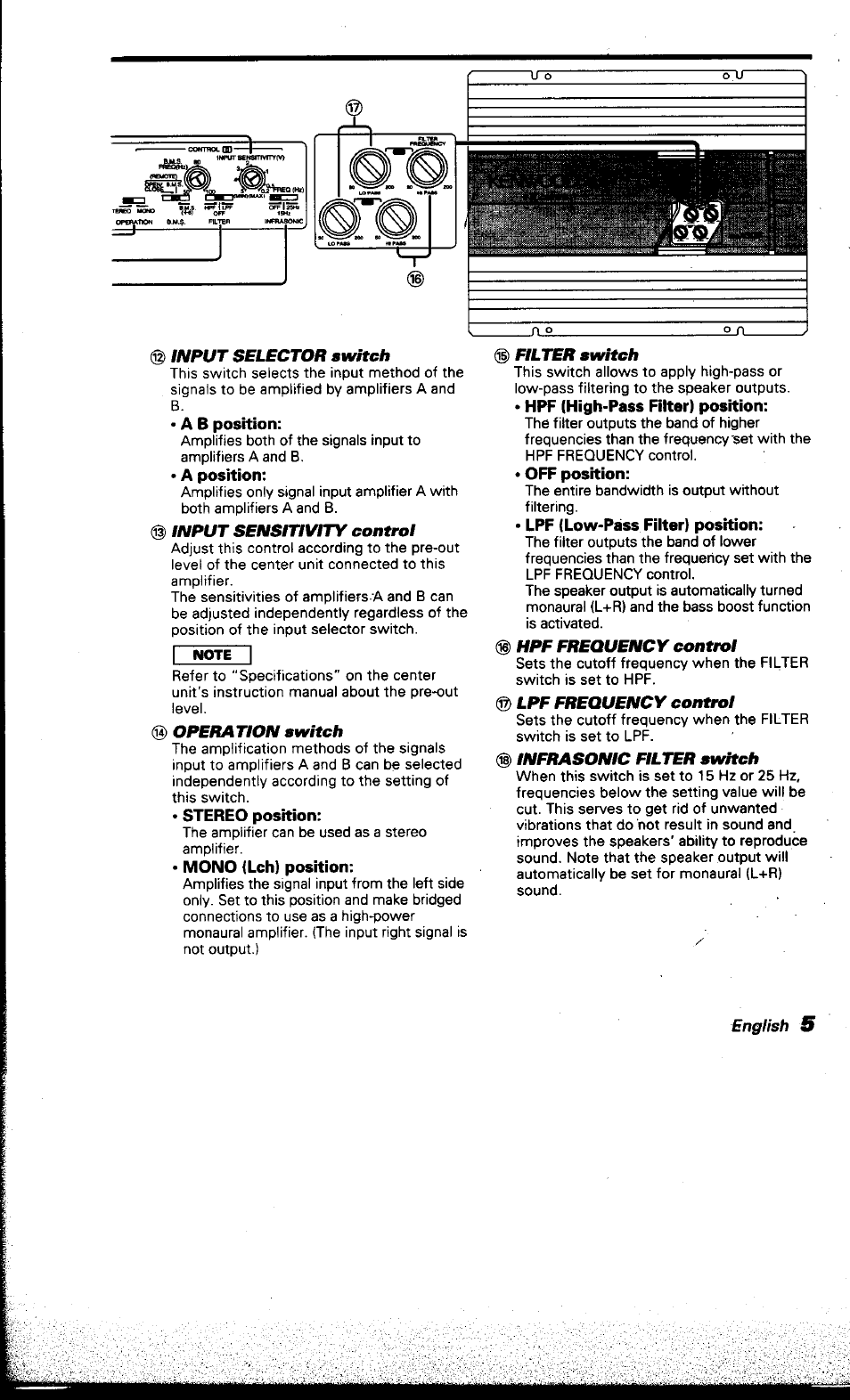 Tnput selector switch, A b position, A position | Input sensitivity control, Operation switch, Stereo position, Mono (lch) position, Filter switch, Hpf (high-pass filter) position, Off position | Kenwood KAC-X501F User Manual | Page 5 / 15