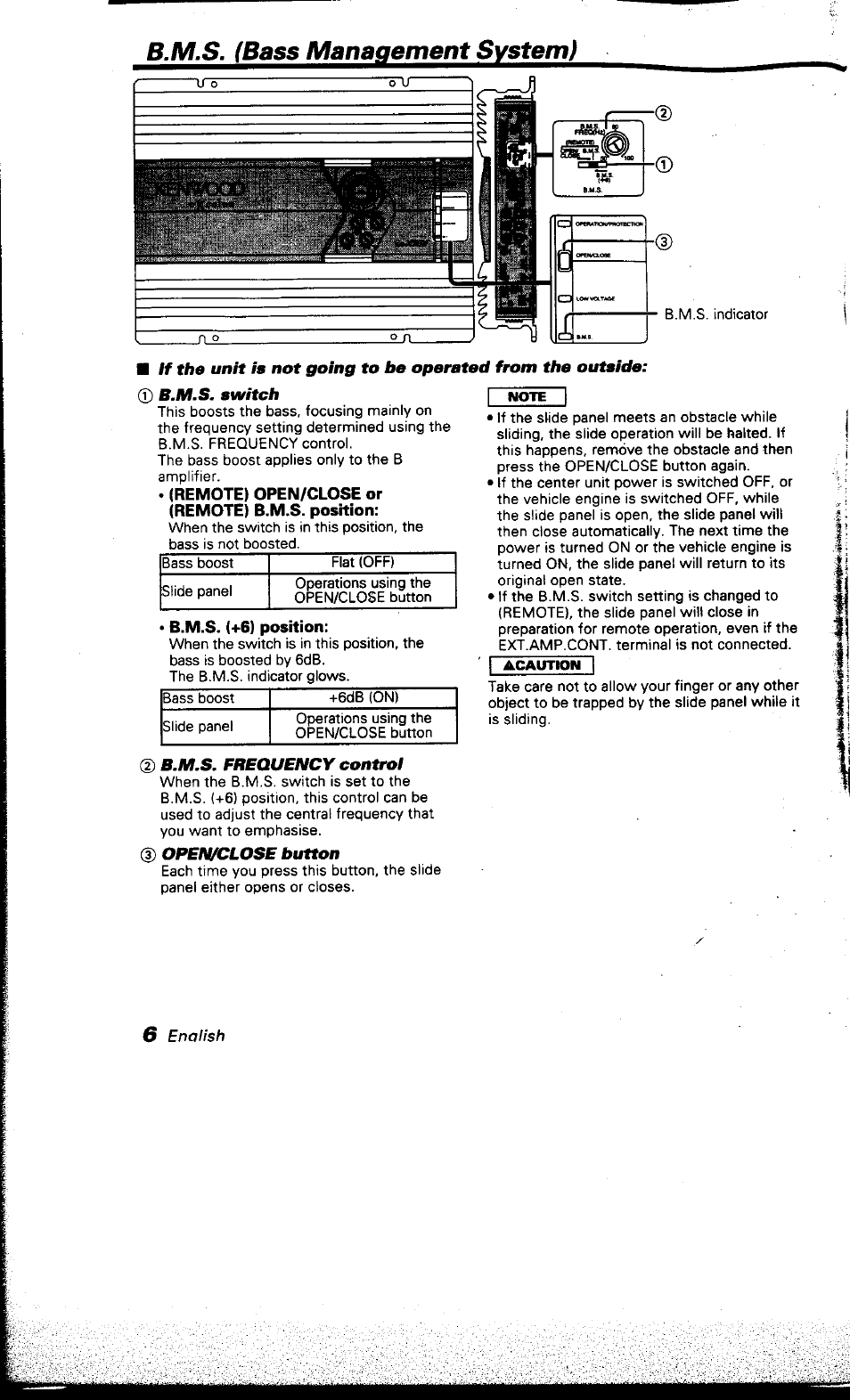 D b.m.s. switch, Remote) open/close or (remote) b.m.s. position, B.m.s. frequency control | D open/close button, B.m.s. (bass management system) | Kenwood KAC-X501F User Manual | Page 6 / 15