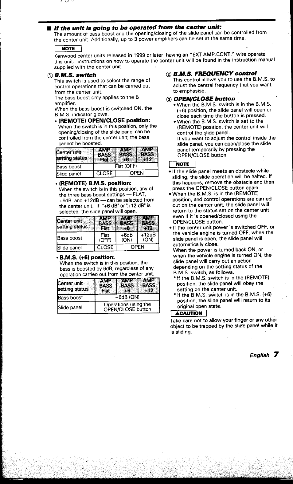 0 switch, Remote) open/close position, Remote) b.m.s. poshion | 2) b.ar.s. frequency control, D open/close button | Kenwood KAC-X501F User Manual | Page 7 / 15