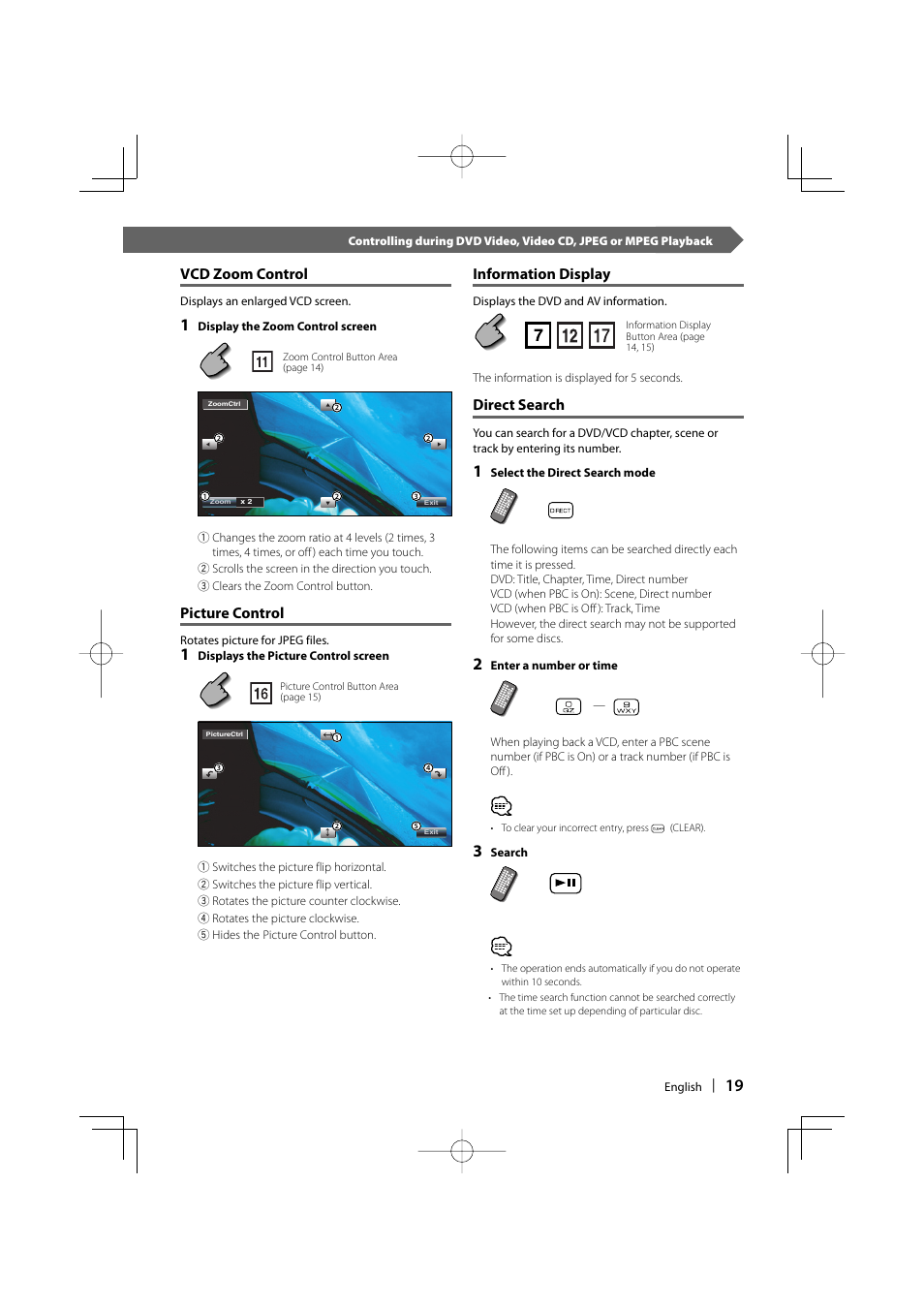 Vcd zoom control, Picture control, Information display | Direct search | Kenwood DDX6029 User Manual | Page 19 / 84