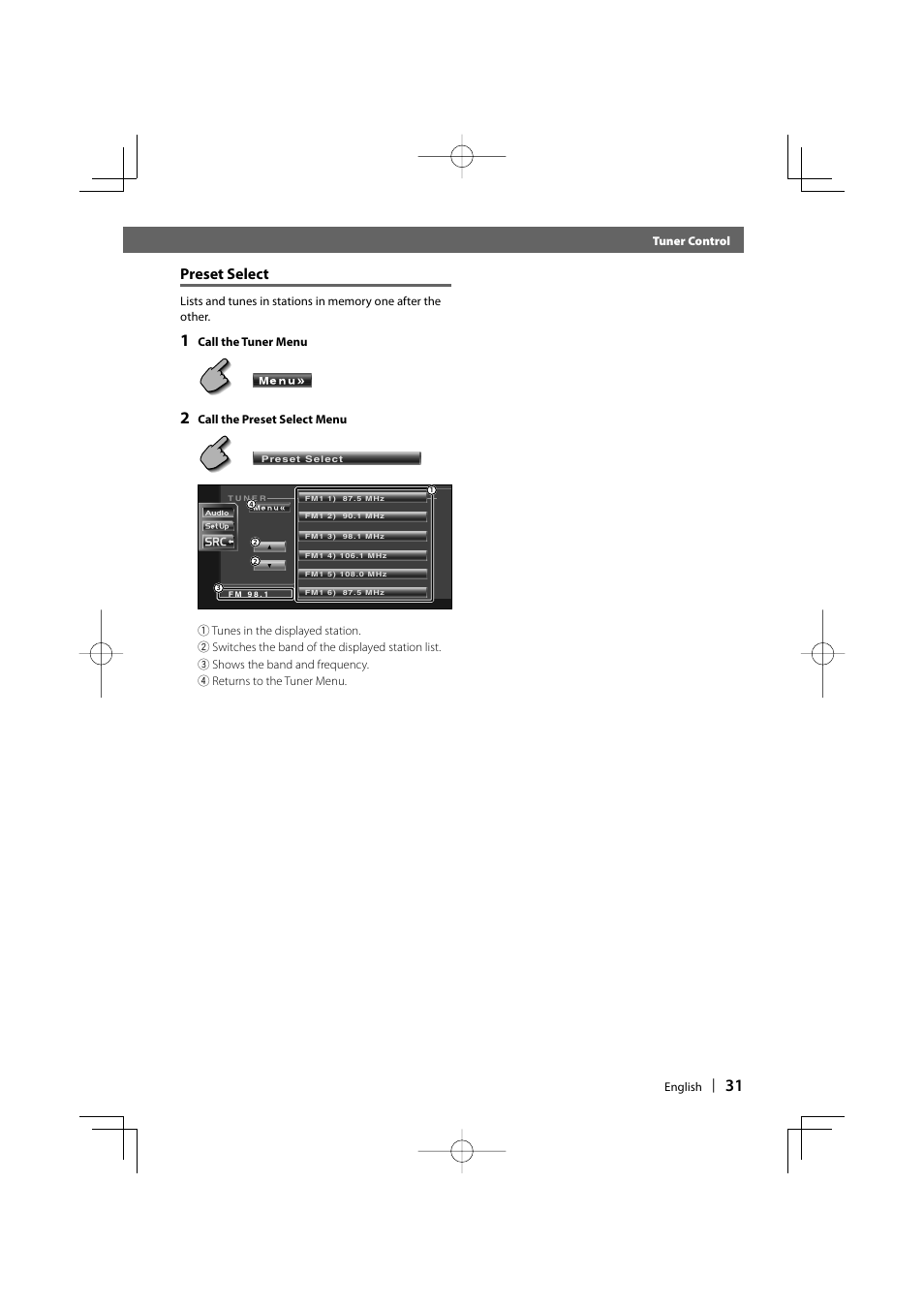 Preset select | Kenwood DDX6029 User Manual | Page 31 / 84