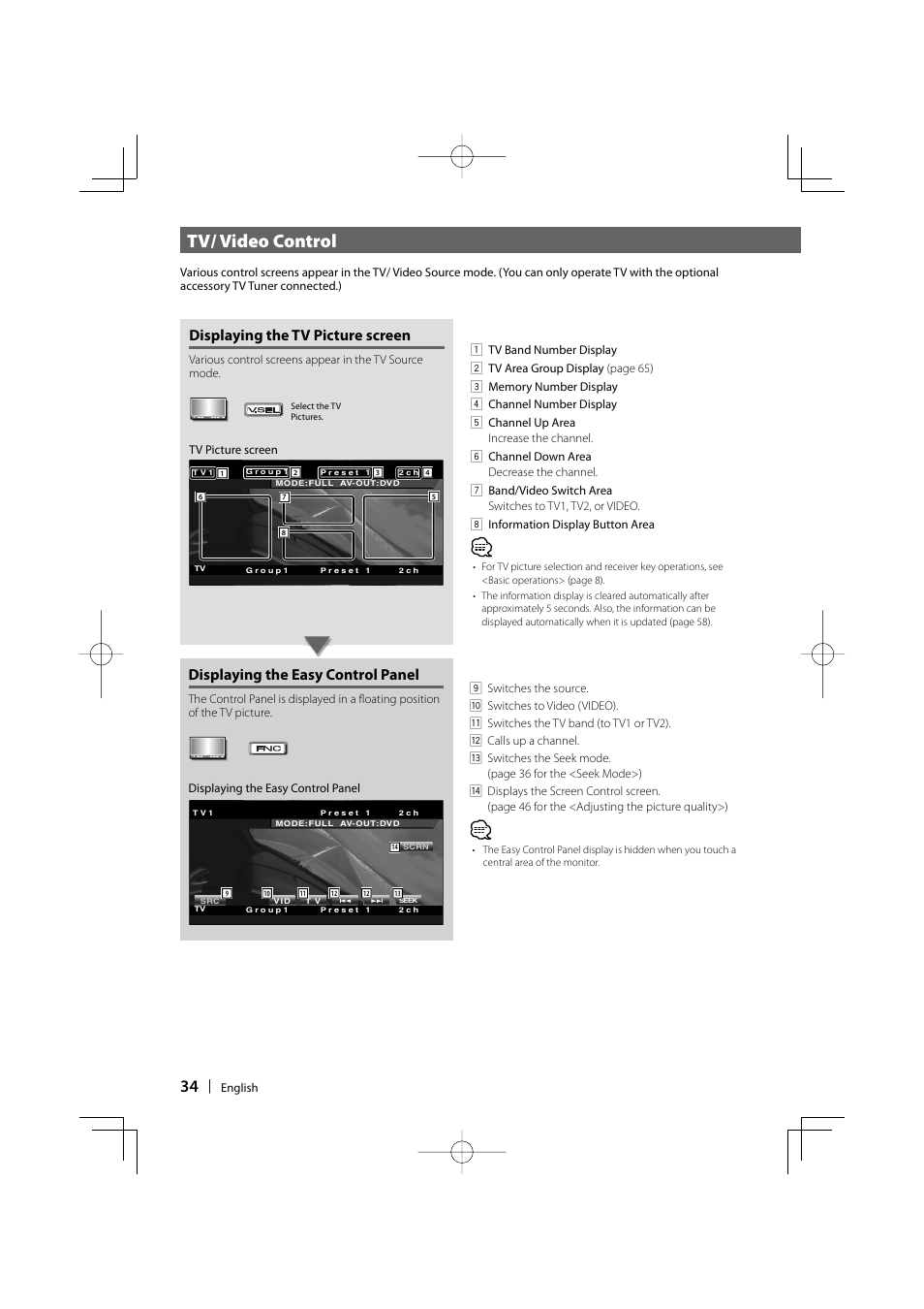 Tv/ video control, Displaying the easy control panel, Displaying the tv picture screen | Kenwood DDX6029 User Manual | Page 34 / 84