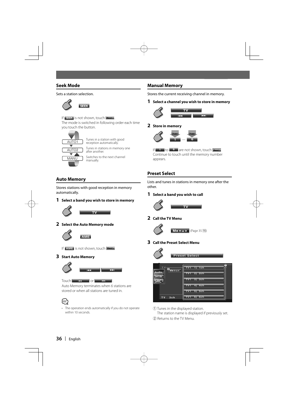 Seek mode, Preset select | Kenwood DDX6029 User Manual | Page 36 / 84