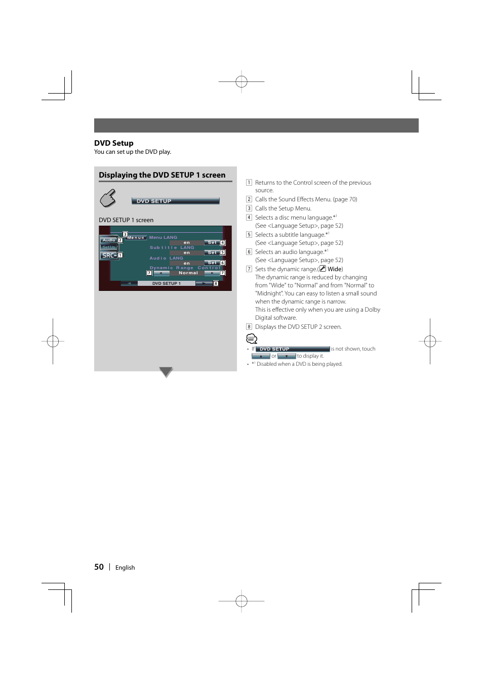 Displaying the dvd setup 1 screen, Dvd setup | Kenwood DDX6029 User Manual | Page 50 / 84