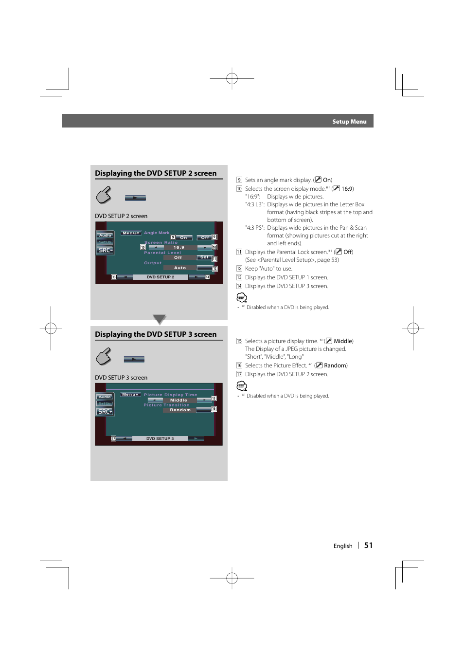 Displaying the dvd setup 2 screen, Displaying the dvd setup 3 screen | Kenwood DDX6029 User Manual | Page 51 / 84