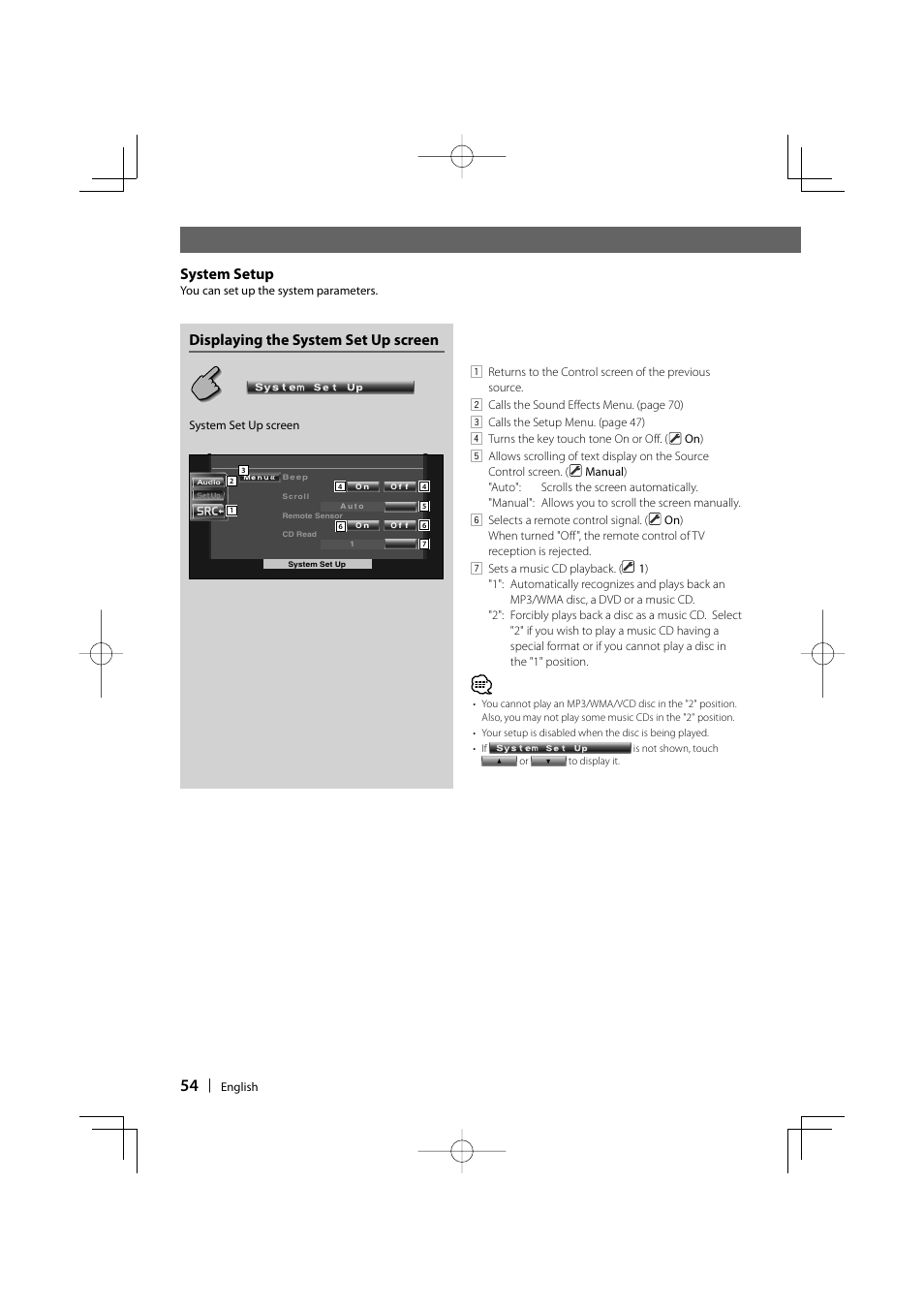 System setup, Displaying the system set up screen | Kenwood DDX6029 User Manual | Page 54 / 84