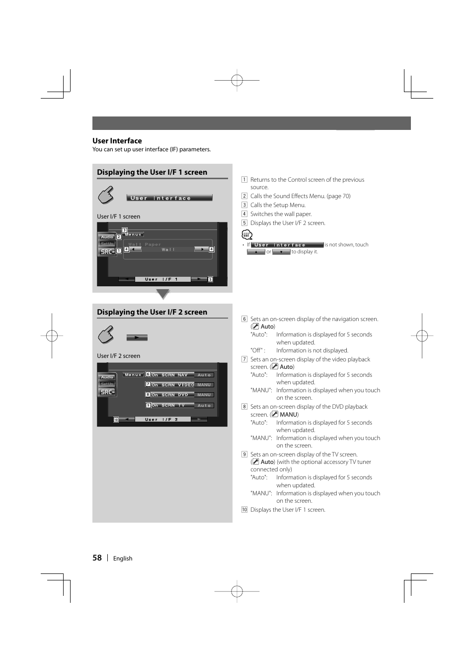 Before use, Displaying the user i/f 1 screen, Displaying the user i/f 2 screen | User interface | Kenwood DDX6029 User Manual | Page 58 / 84