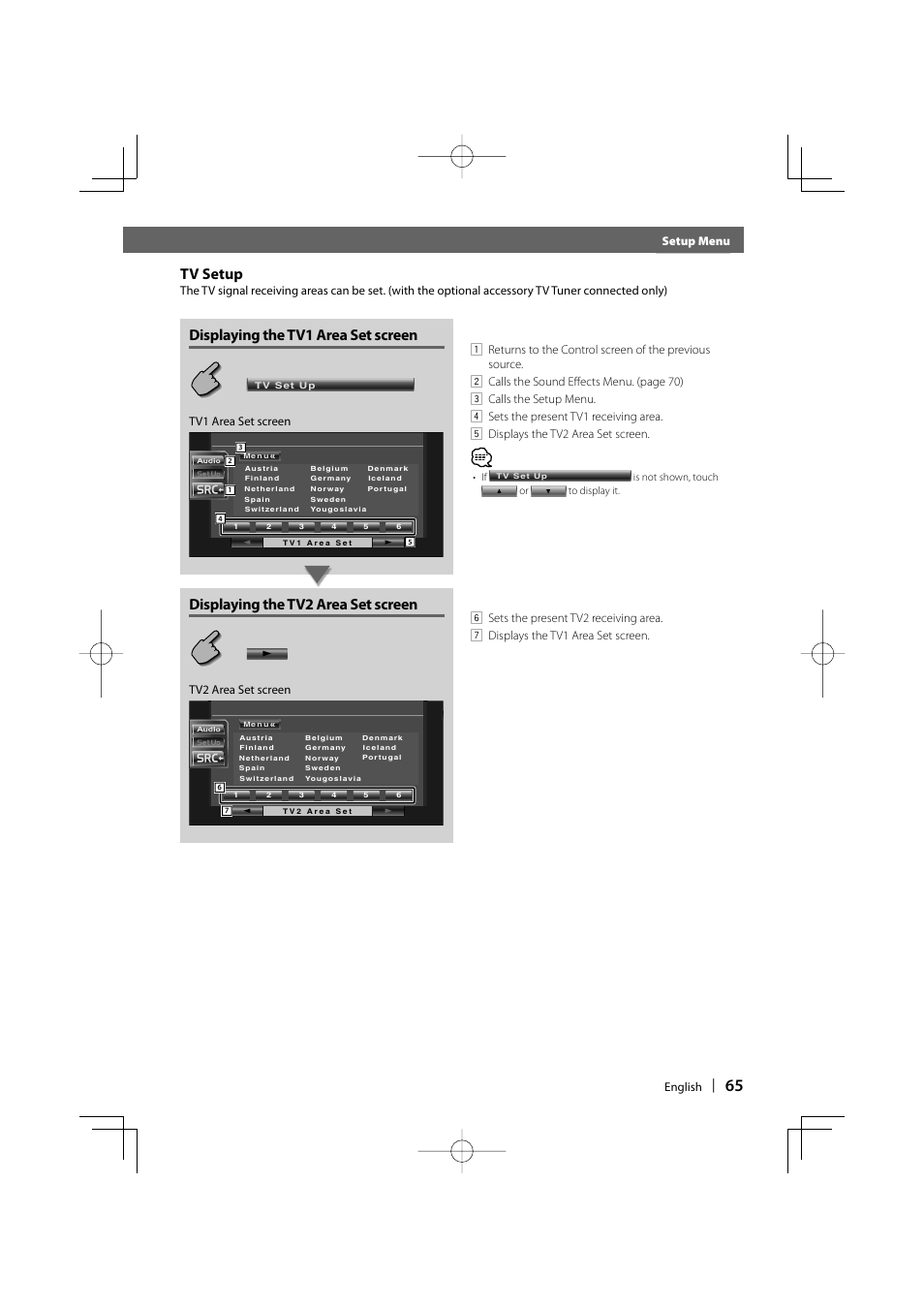 Before use, Tv setup, Displaying the tv1 area set screen | Displaying the tv2 area set screen | Kenwood DDX6029 User Manual | Page 65 / 84