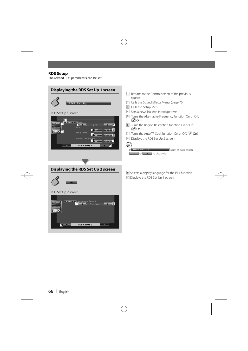 Displaying the rds set up 1 screen, Displaying the rds set up 2 screen, Rds setup | Kenwood DDX6029 User Manual | Page 66 / 84