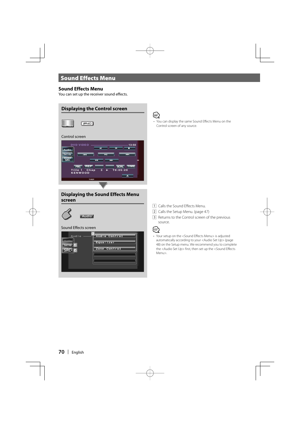 Sound effects menu, Displaying the control screen, Displaying the sound effects menu screen | Kenwood DDX6029 User Manual | Page 70 / 84