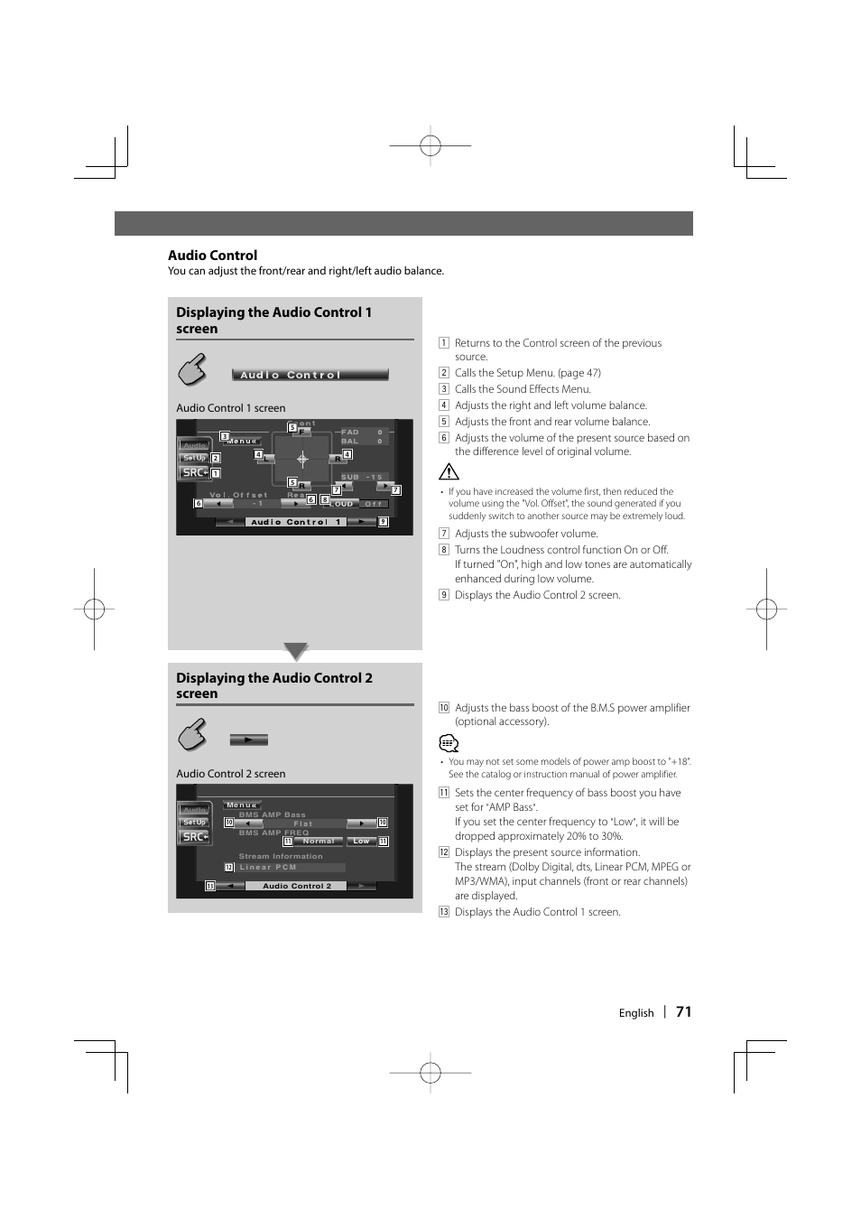 Audio control, Displaying the audio control 1 screen, Displaying the audio control 2 screen | Kenwood DDX6029 User Manual | Page 71 / 84