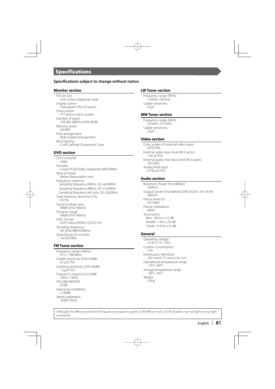 Specifications | Kenwood DDX6029 User Manual | Page 81 / 84