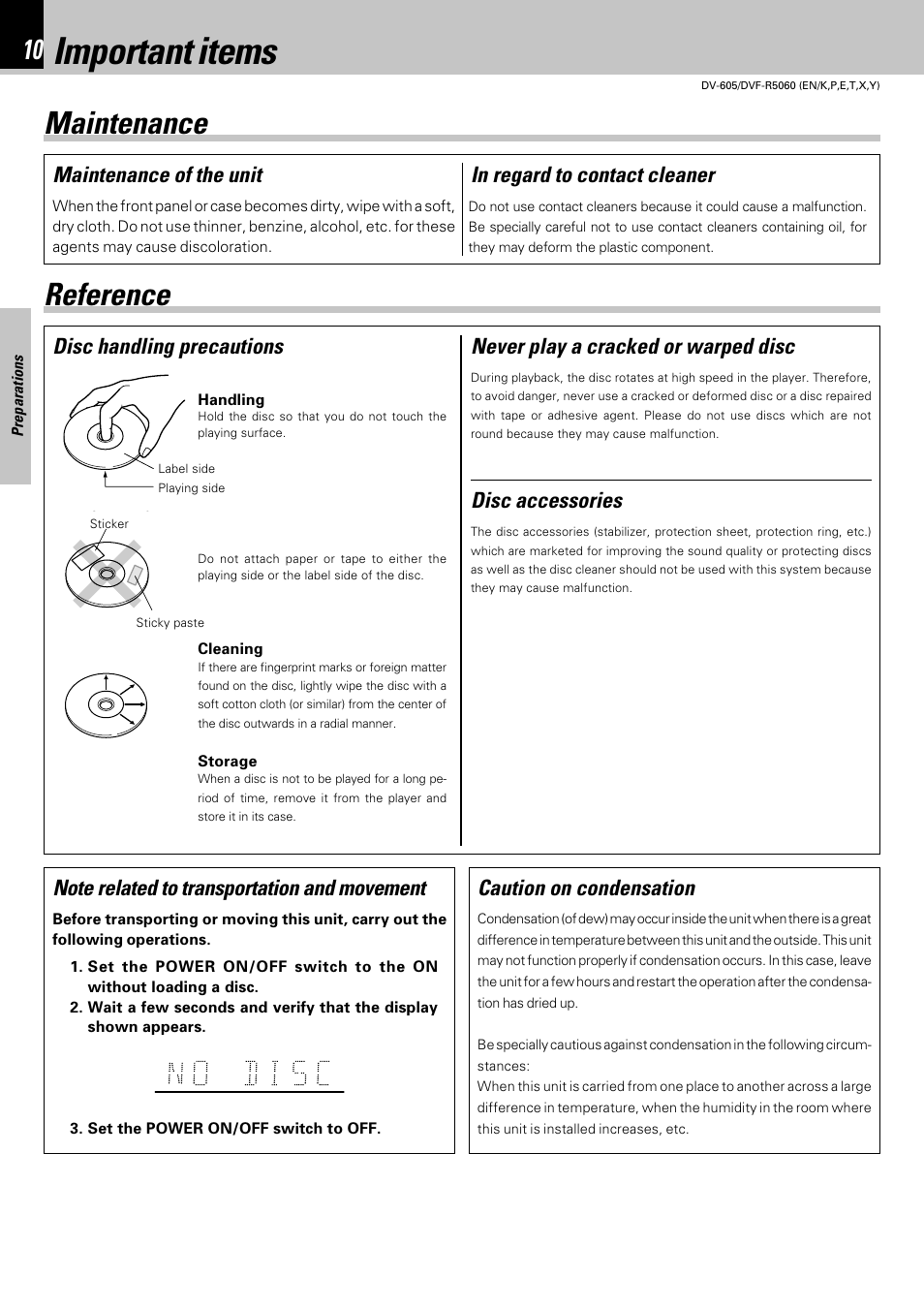 Important items, Maintenance reference, Disc handling precautions disc accessories | Never play a cracked or warped disc, Caution on condensation, Maintenance of the unit | Kenwood DVF-R5060 User Manual | Page 10 / 48