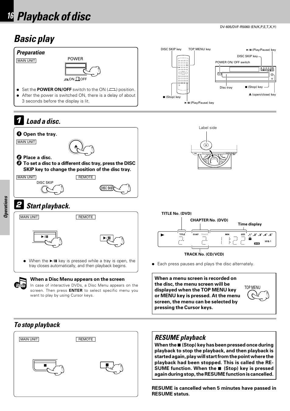 Operations, Playback of disc, Basic play | Load a disc, Start playback, Resume playback, Preparation | Kenwood DVF-R5060 User Manual | Page 16 / 48