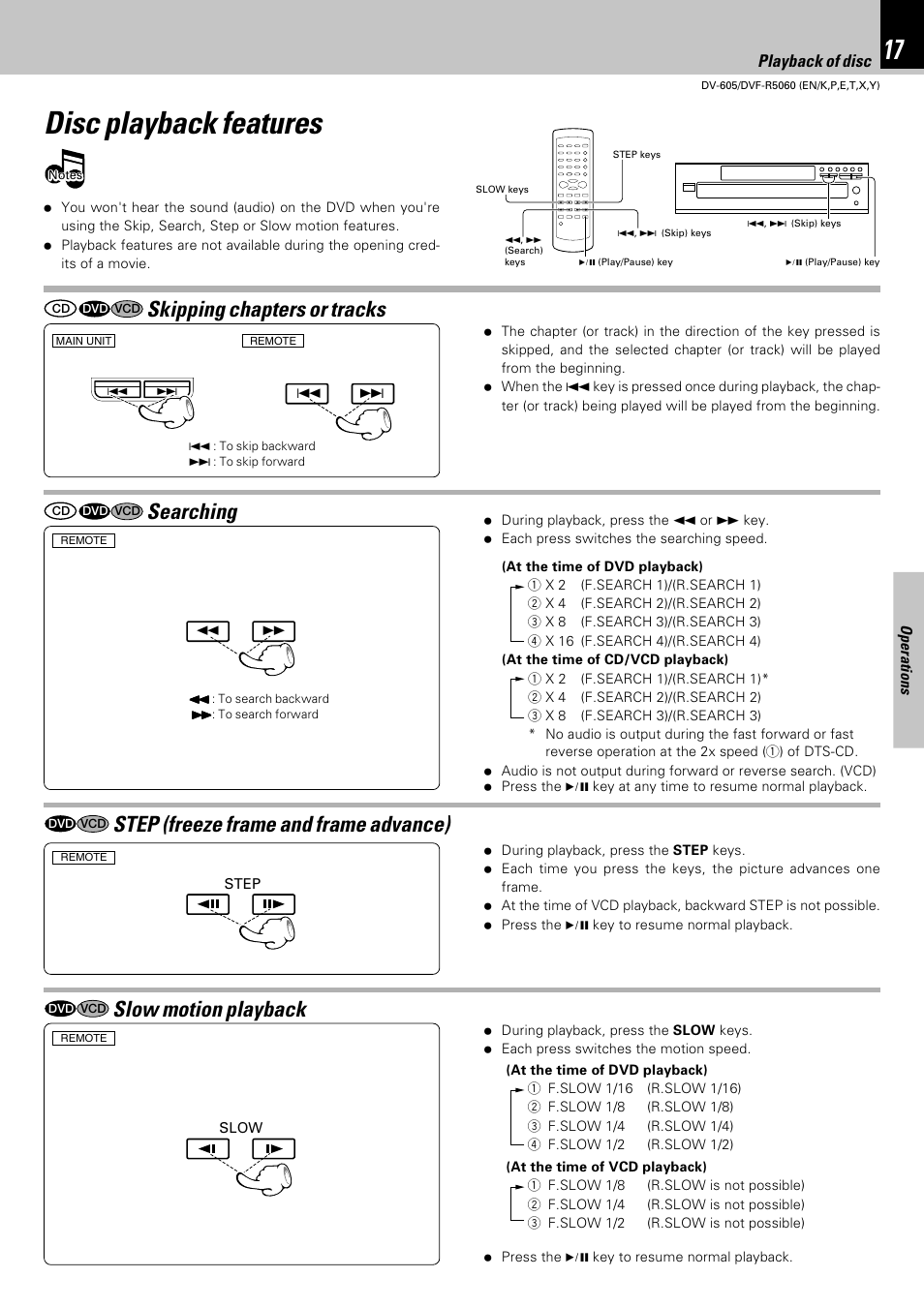 Disc playback features, Step (freeze frame and frame advance), Slow motion playback | Skipping chapters or tracks, Searching, Using the on-screen banner display, Playback of disc | Kenwood DVF-R5060 User Manual | Page 17 / 48