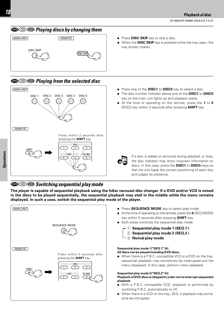 Playing discs by changing them, Playing from the selected disc, Switching sequential play mode | Kenwood DVF-R5060 User Manual | Page 18 / 48