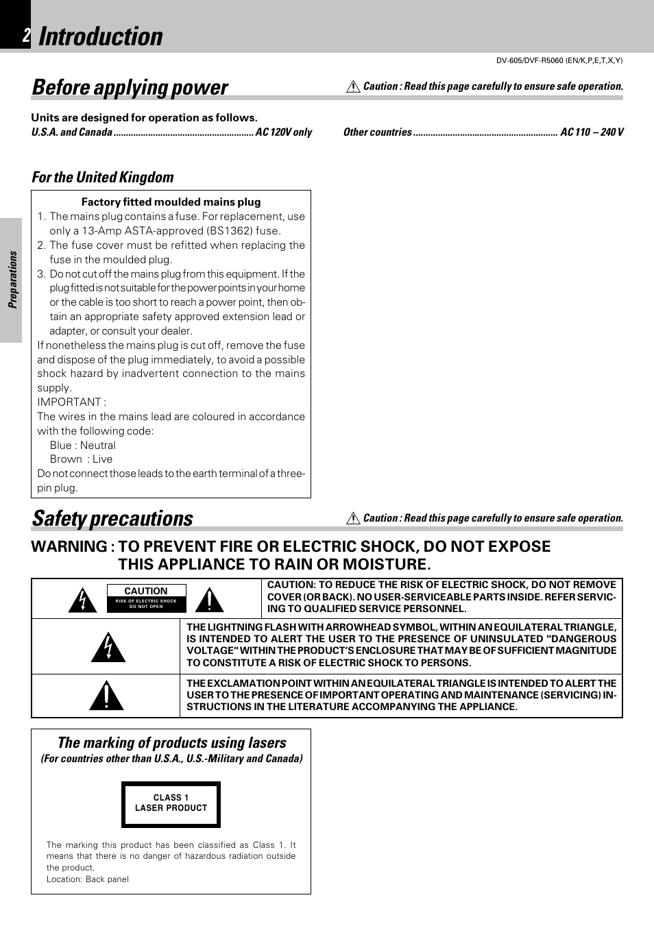 Preparations, Introduction, Safety precautions | Before applying power, The marking of products using lasers | Kenwood DVF-R5060 User Manual | Page 2 / 48