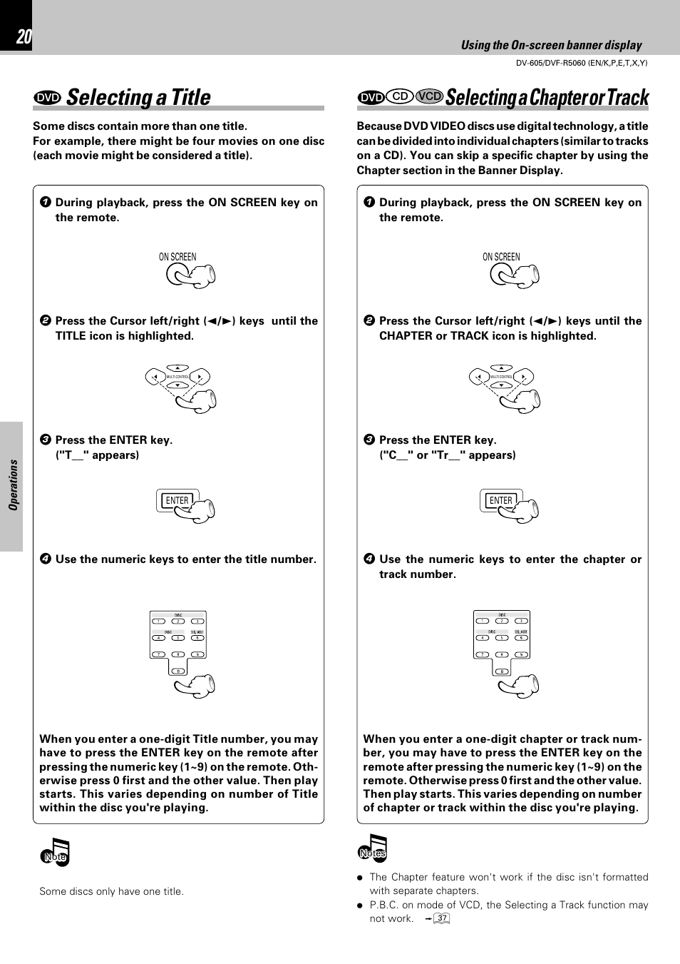 Selecting a title, Selecting a chapter or track | Kenwood DVF-R5060 User Manual | Page 20 / 48