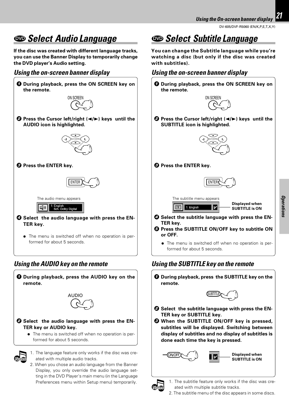 Select audio language, Select subtitle language, Using the on-screen banner display | Kenwood DVF-R5060 User Manual | Page 21 / 48