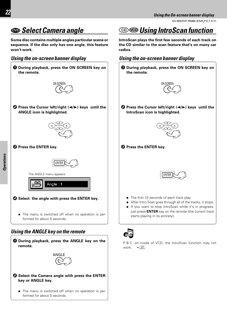 Select camera angle, Using introscan function, Using the on-screen banner display | Kenwood DVF-R5060 User Manual | Page 22 / 48