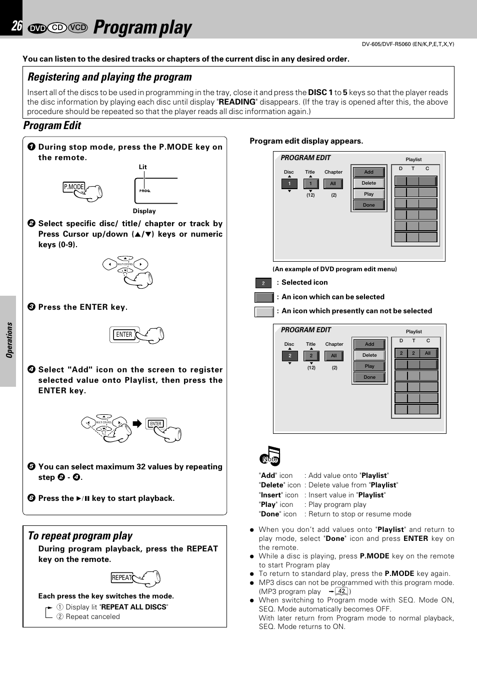 Program play, Registering and playing the program, Program edit | Using the on-screen banner display | Kenwood DVF-R5060 User Manual | Page 26 / 48