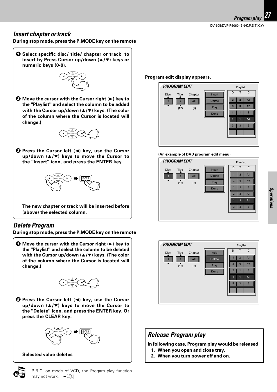 Insert chapter or track, Release program play, Delete program | Using the on-screen banner display program play, Operations, Program edit display appears | Kenwood DVF-R5060 User Manual | Page 27 / 48