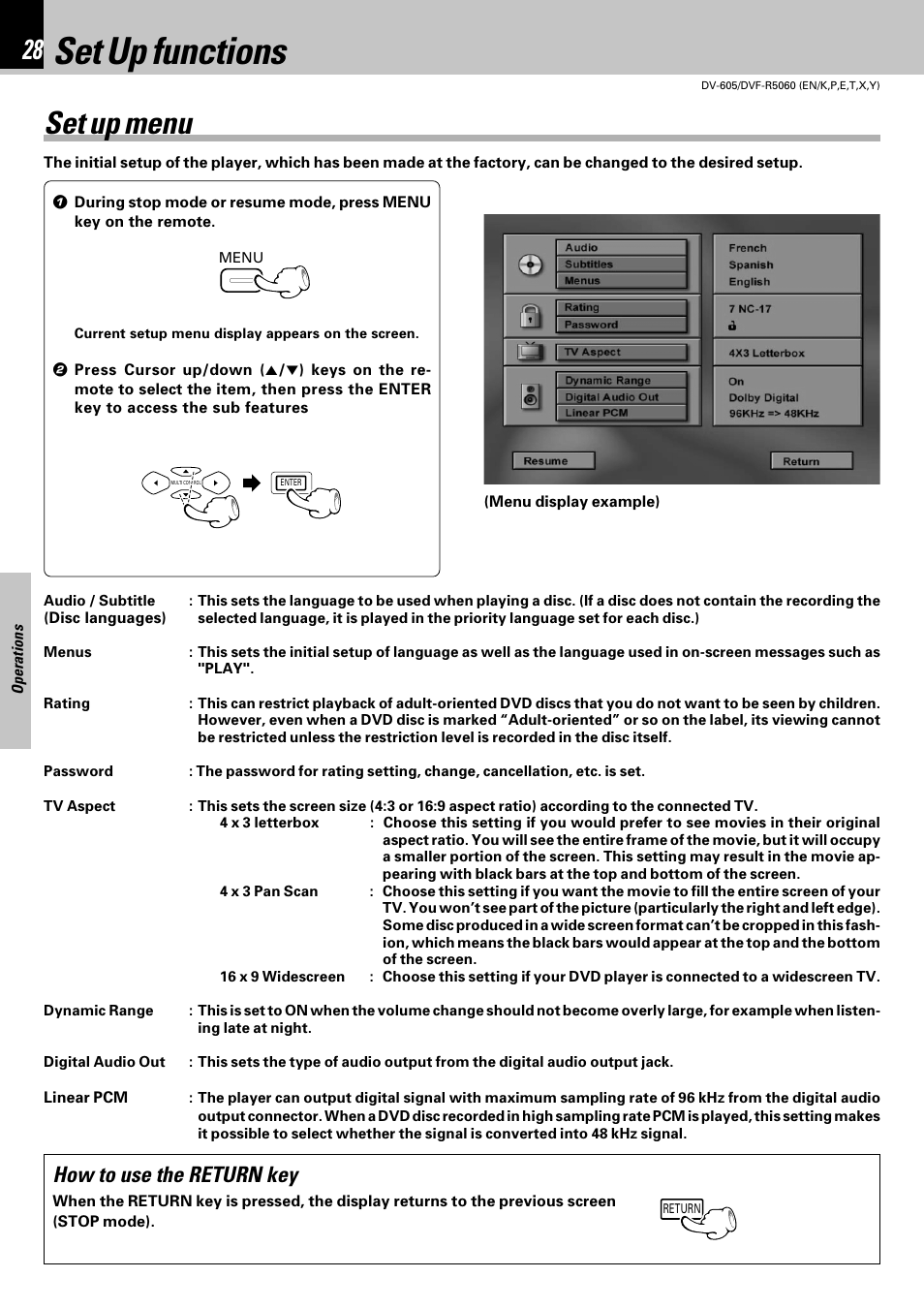 Set up functions, Set up menu, How to use the return key | Kenwood DVF-R5060 User Manual | Page 28 / 48