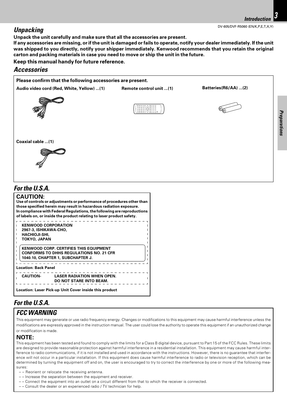 Unpacking, Accessories, Fcc warning | For the u.s.a | Kenwood DVF-R5060 User Manual | Page 3 / 48