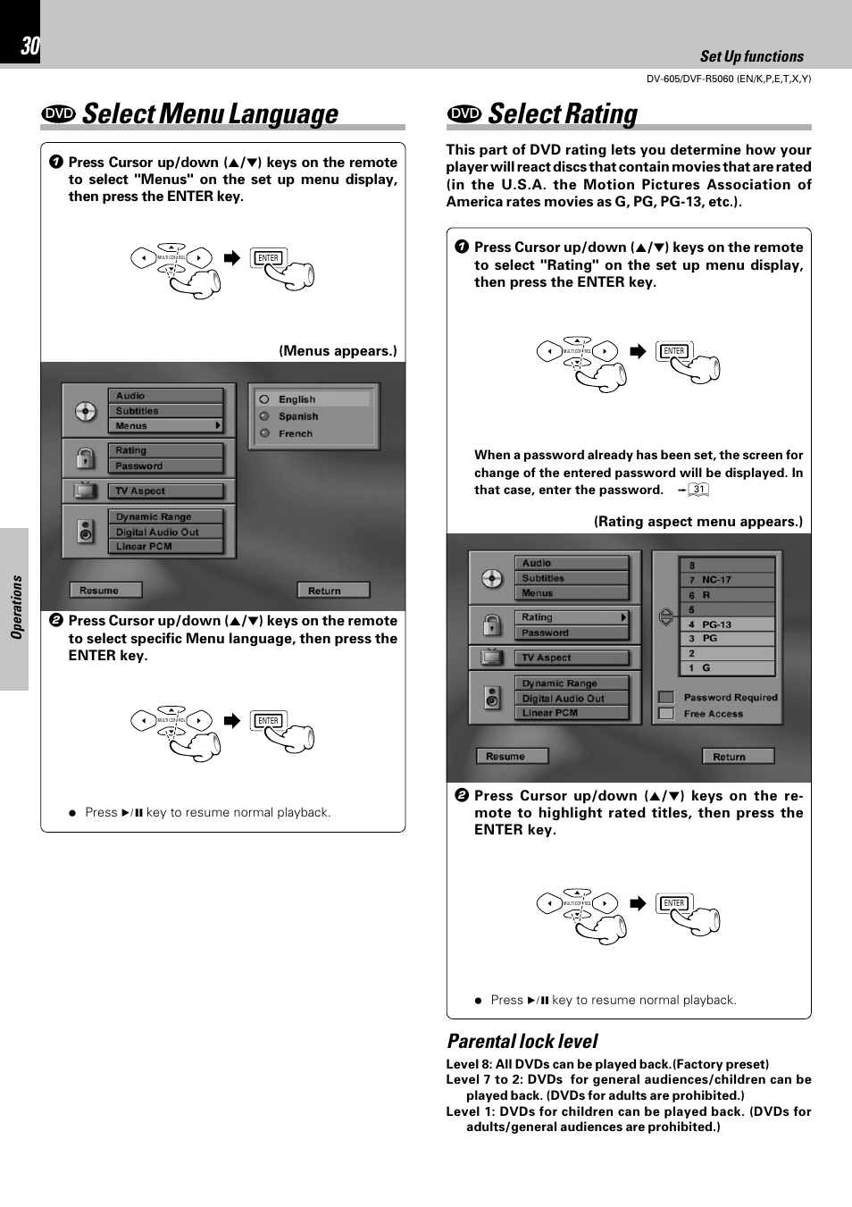 Select menu language, Select rating, Parental lock level | Kenwood DVF-R5060 User Manual | Page 30 / 48