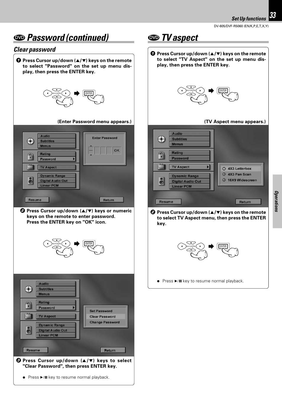Password (continued), Tv aspect, Clear password | Kenwood DVF-R5060 User Manual | Page 33 / 48