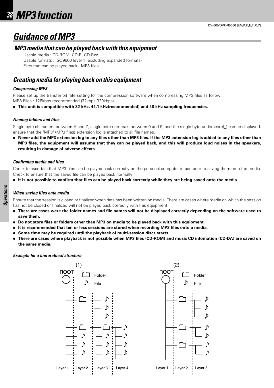 Mp3 function, Guidance of mp3, Creating media for playing back on this equipment | Kenwood DVF-R5060 User Manual | Page 38 / 48