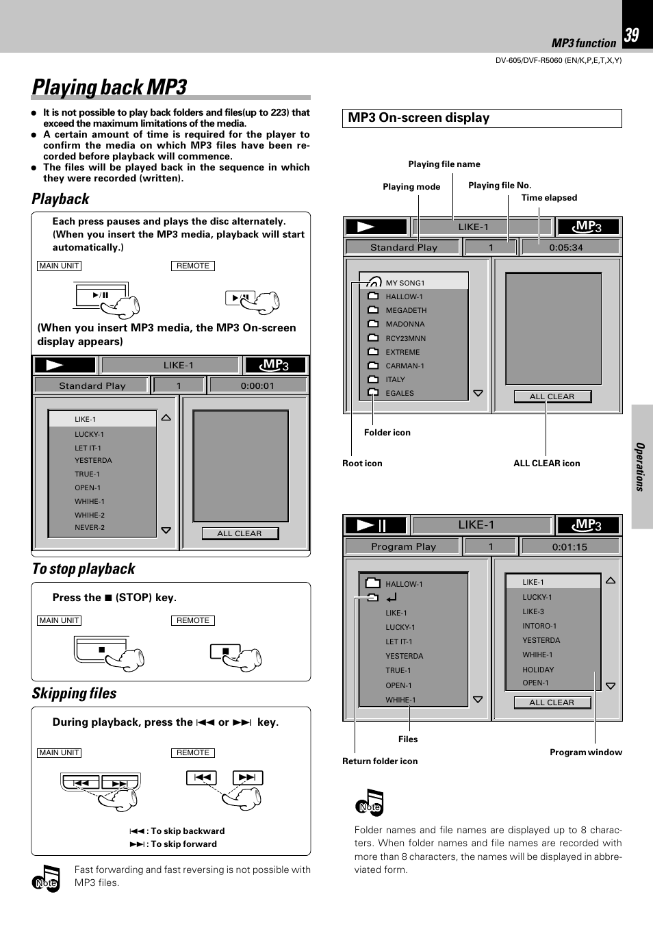 Playing back mp3, Playback to stop playback, Skipping files | Mp3 on-screen display, Set up functions, Mp3 function, M 3 p | Kenwood DVF-R5060 User Manual | Page 39 / 48