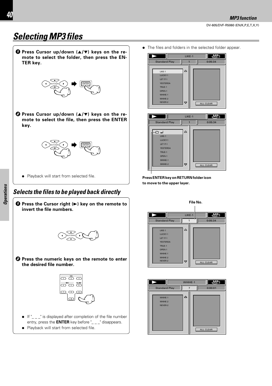 Selecting mp3 files, Selects the files to be played back directly, Set up functions | Mp3 function, Operations, Playback will start from selected file | Kenwood DVF-R5060 User Manual | Page 40 / 48