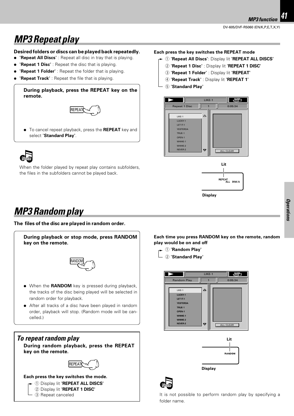 Mp3 repeat play, Mp3 random play, Set up functions | Mp3 function, Operations | Kenwood DVF-R5060 User Manual | Page 41 / 48