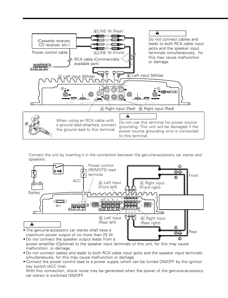 Connection, Rca cable connection, Speaker level input connection | Rca cable ground terminal | Kenwood KAC-746 User Manual | Page 6 / 9