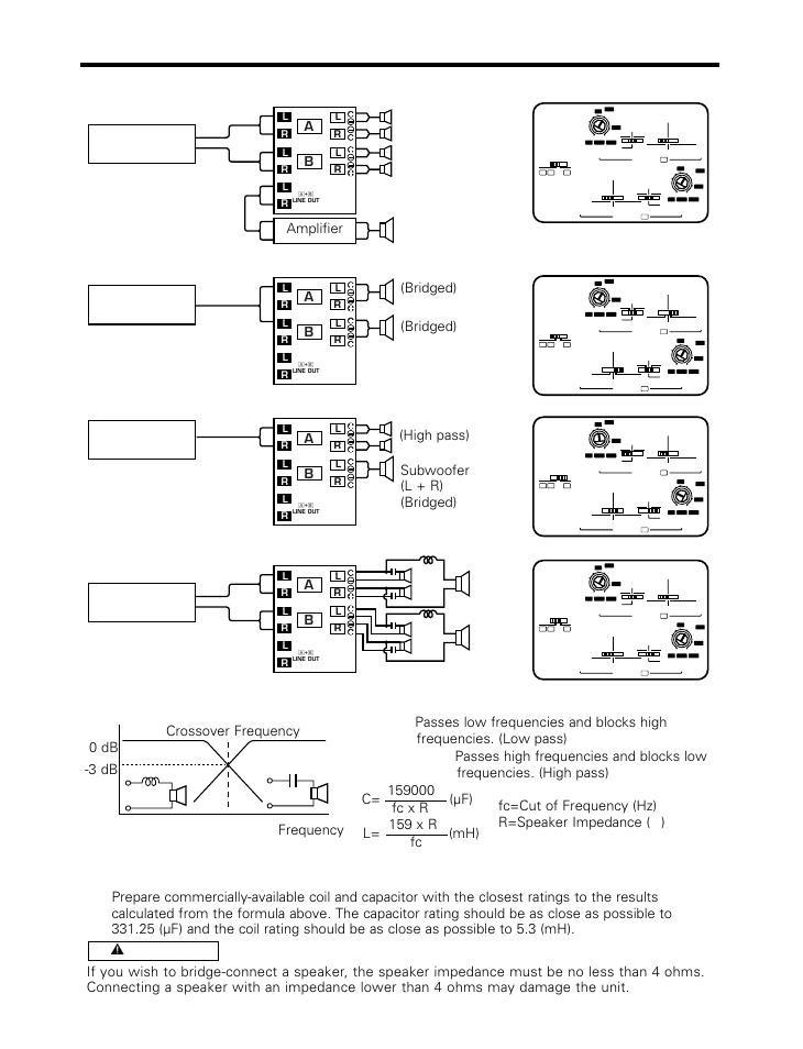 System examples, Example, Full-range 4-channel + subwoofer system | High-pass (80 hz) + subwoofer(80 hz) system, Tri-mode, High-power 2-channel system, Coil (l), Capacitor (c), Switch setting, 0 db -3 db | Kenwood KAC-746 User Manual | Page 8 / 9