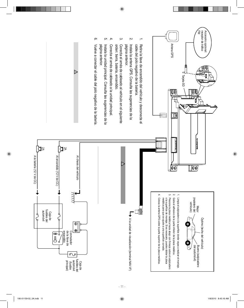 Pasos para instalar el dispositivo kna-g610, Instalación de la antena gps | Kenwood KNA-G610 User Manual | Page 11 / 12