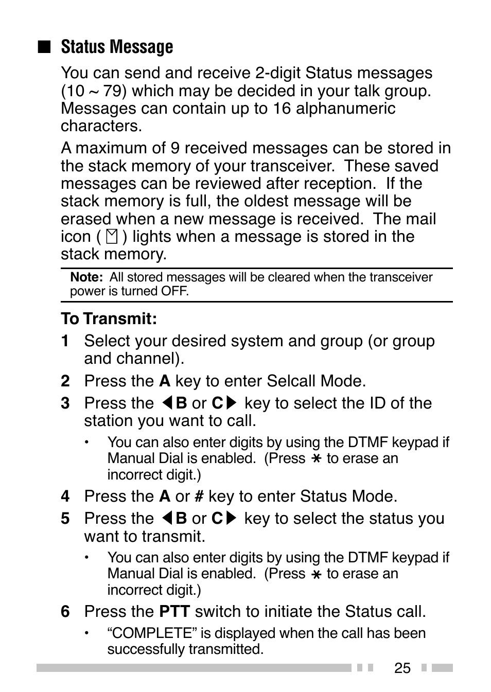 Status message | Kenwood TK-380 User Manual | Page 30 / 37