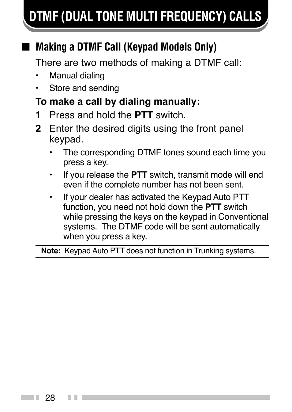 Dtmf (dual tone multi frequency) calls, Making a dtmf call (keypad models only) | Kenwood TK-380 User Manual | Page 33 / 37