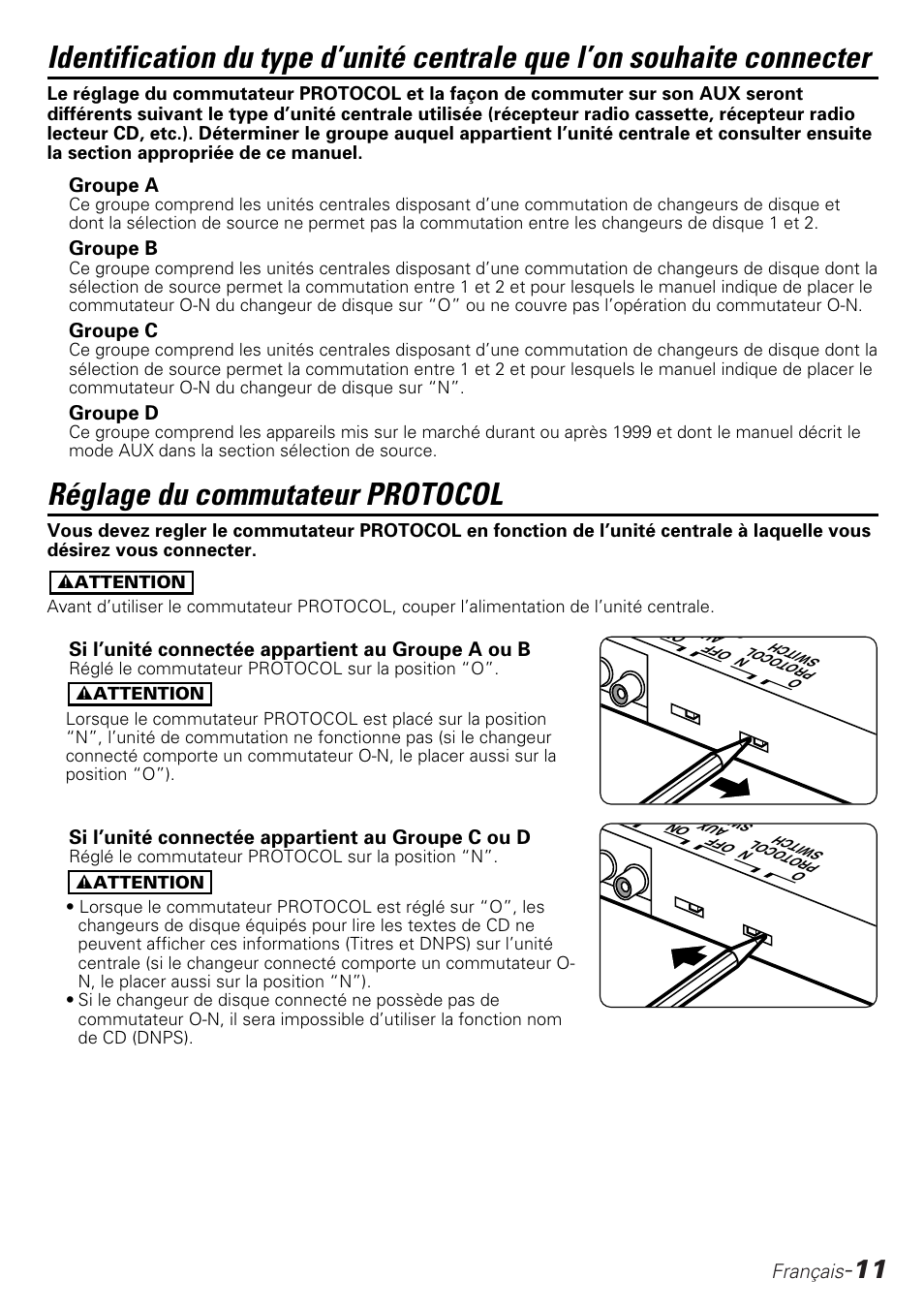Reglage du commutateur protocol, Réglage du commutateur protocol | Kenwood KCA-S210A User Manual | Page 11 / 44